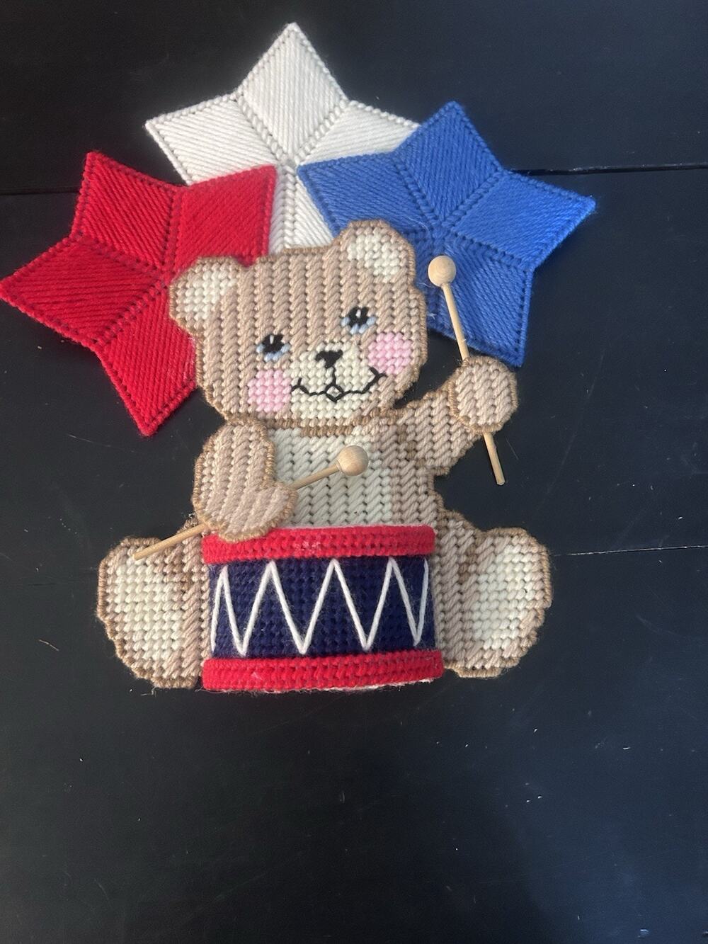Vintage Handmade Needlepoint Patriotic Bear Americana Red White Blue 13”